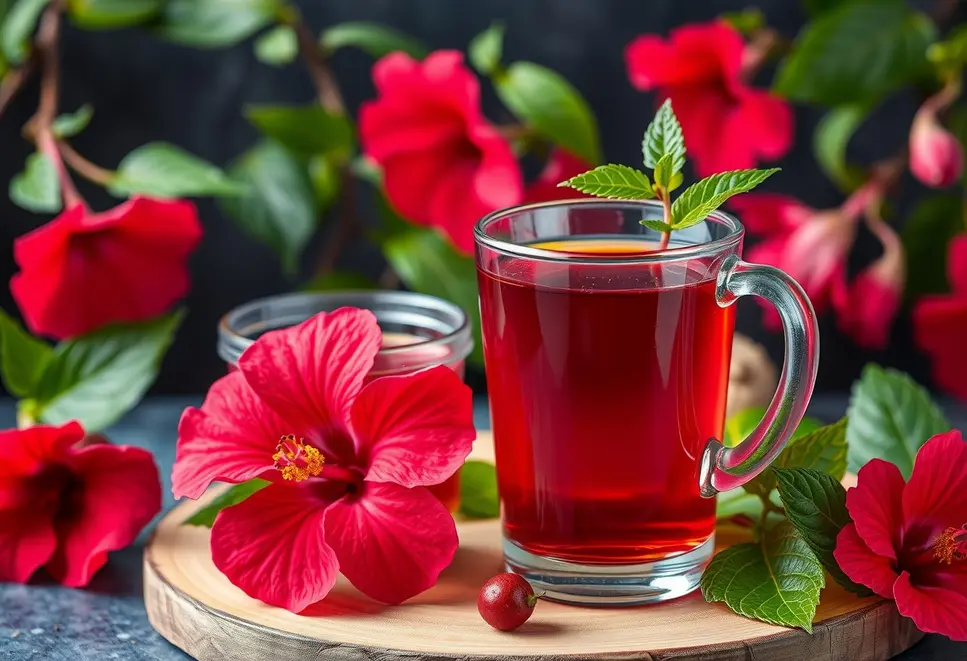 Display of hibiscus tea and flowers highlighting its benefits.