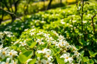 A lush tea garden with jasmine flowers and sunlight, symbolizing the origin of jasmine tea.
