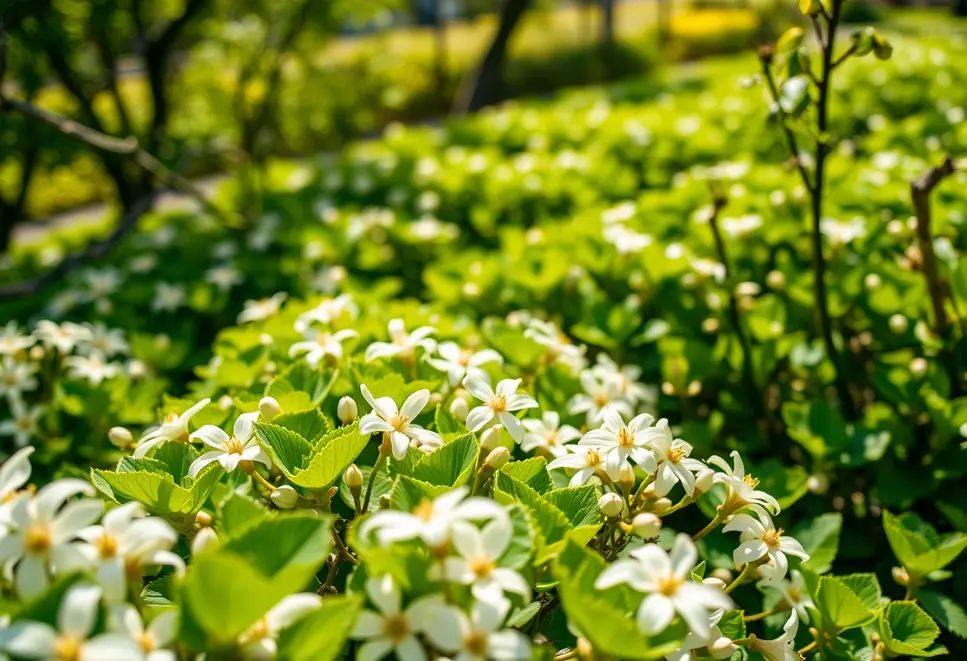 A lush tea garden with jasmine flowers and sunlight, symbolizing the origin of jasmine tea.