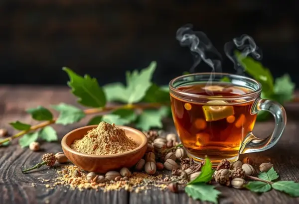 Bowl of moringa powder next to a herbal tea cup and dried herbs.