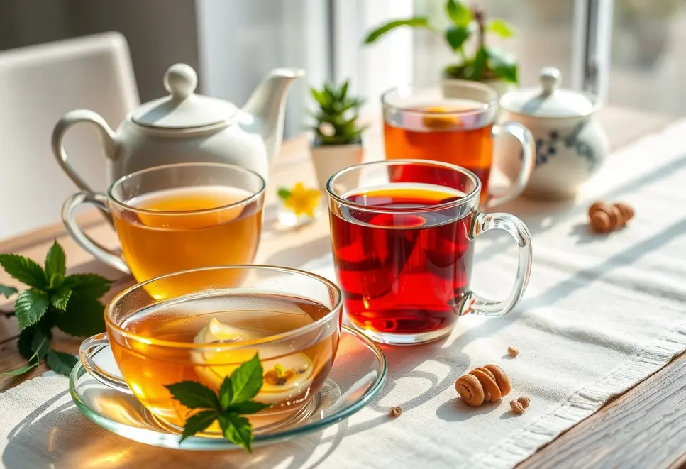 Assorted tea varieties in an inviting breakfast setting with natural light.
