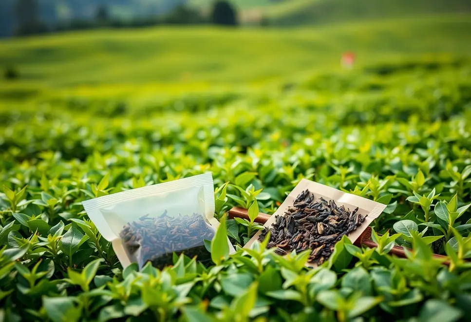 Scenic view of tea fields with loose leaves and sachets, illustrating the article’s theme of comparing tea types.
