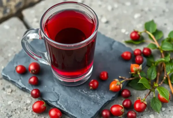 Glass mug of rosehip tea with fresh rosehips on a stone slate.