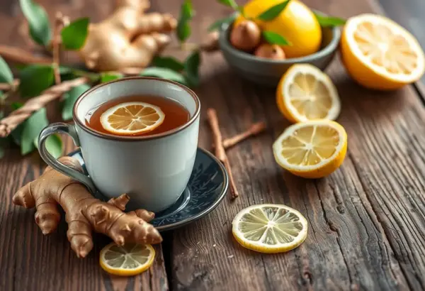 A cup of ginger tea on a wooden table with ginger roots and lemon slices.