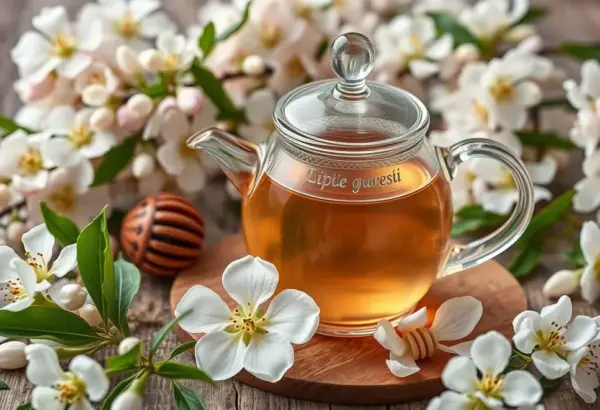 Teapot with linden tea, linden flowers, and honey.