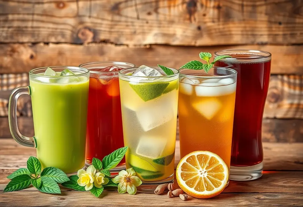 Various cold teas, including iced tea and cold brew, showcasing freshness and flavor.
