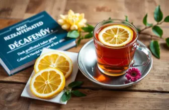 A cup of decaffeinated tea on a wooden table with informational booklet about decaffeination.