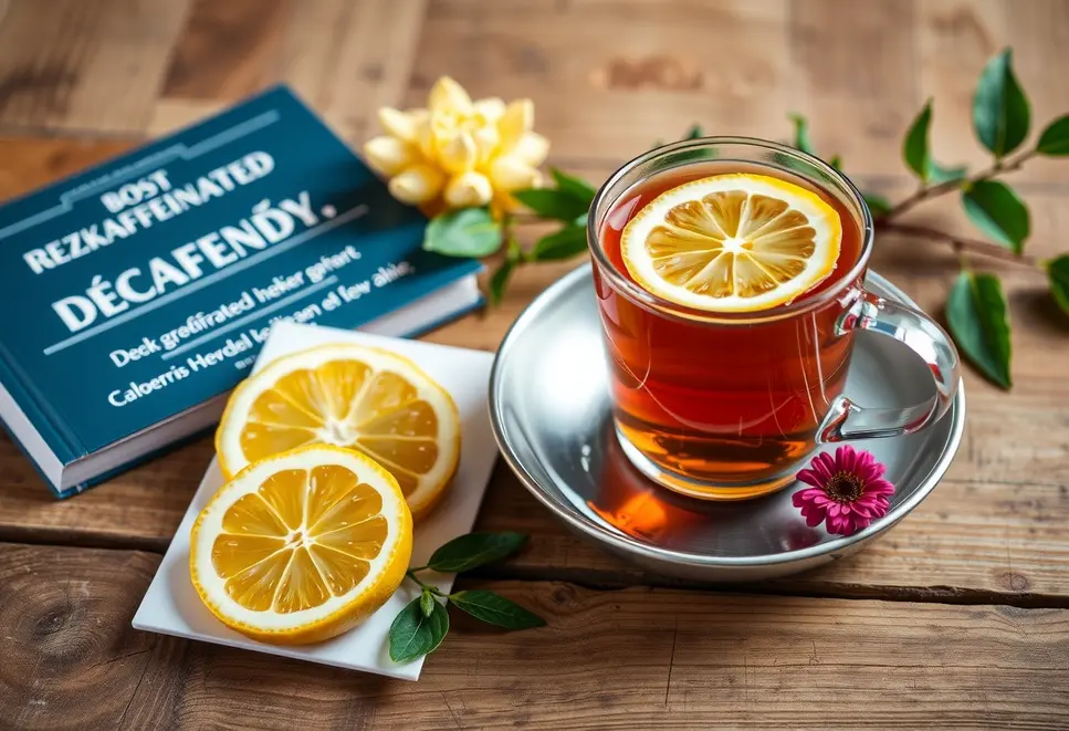 A cup of decaffeinated tea on a wooden table with informational booklet about decaffeination.