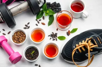 Various teas with dumbbells and running shoes, indicating their role in athletic performance.