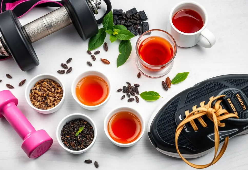 Various teas with dumbbells and running shoes, indicating their role in athletic performance.