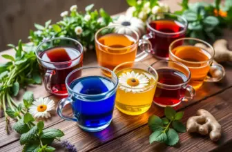 A table with herbal teas like peppermint, chamomile, and ginger, surrounded by fresh herbs.