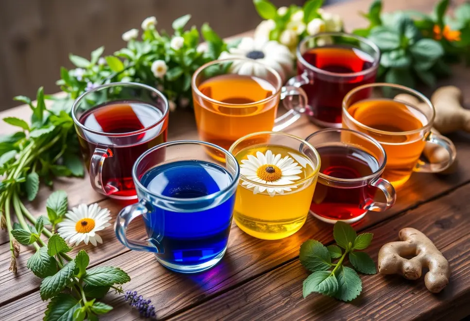 A table with herbal teas like peppermint, chamomile, and ginger, surrounded by fresh herbs.