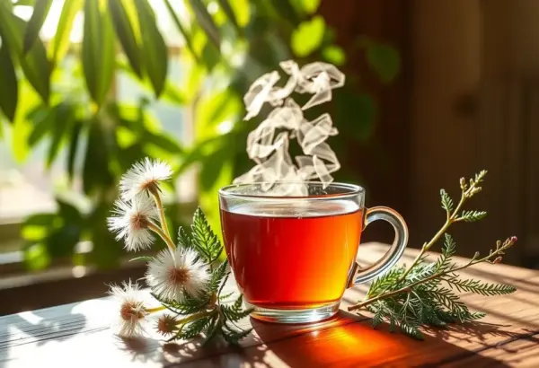 Herbal tea with dandelion and nettle on a table in the morning light.