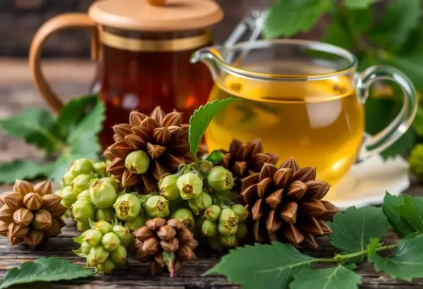 Hop cones with tea pot, illustrating relaxation benefits.
