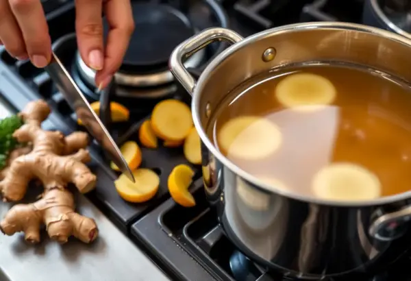 Sliced ginger roots with a pot of simmering ginger tea.