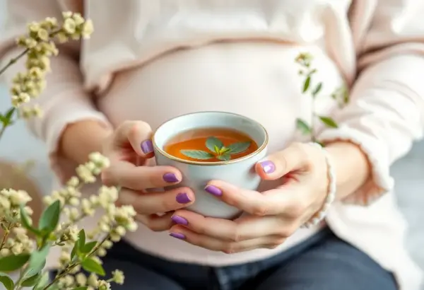 A pregnant woman holding a cup of tea, symbolizing safe tea consumption during pregnancy.