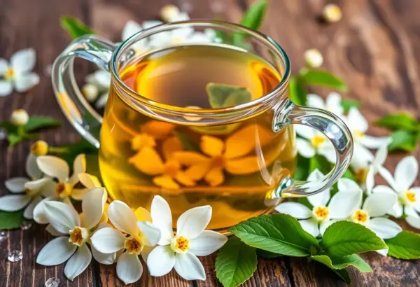 A glass teapot with jasmine tea surrounded by jasmine flowers, reflecting health benefits.