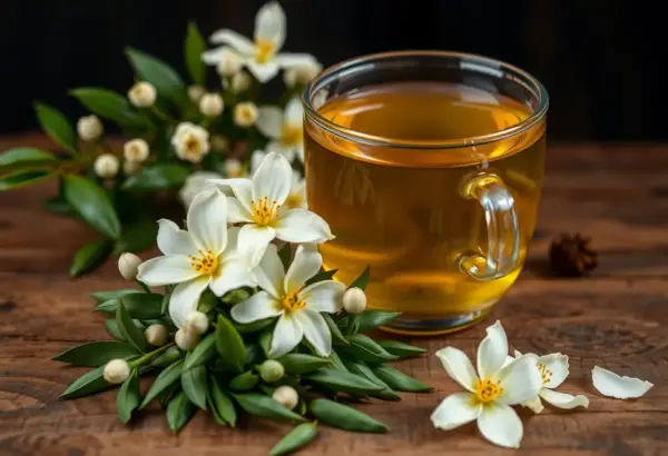 Jasmine flowers and green tea leaves in a tea production scene.