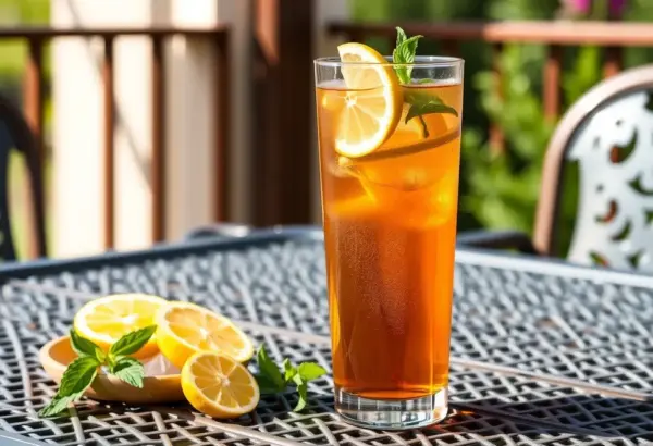 A glass of classic iced tea with lemon slices and mint leaves on a table.