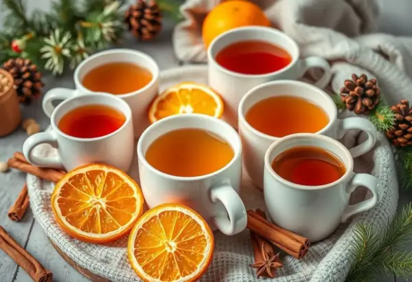 Mugs of holiday teas surrounded by cinnamon sticks, dried oranges, and cloves.