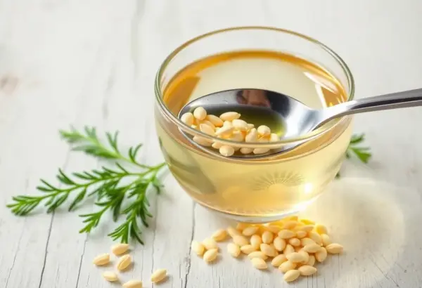 Fennel seeds infused in hot water with a spoon and seeds on a table.