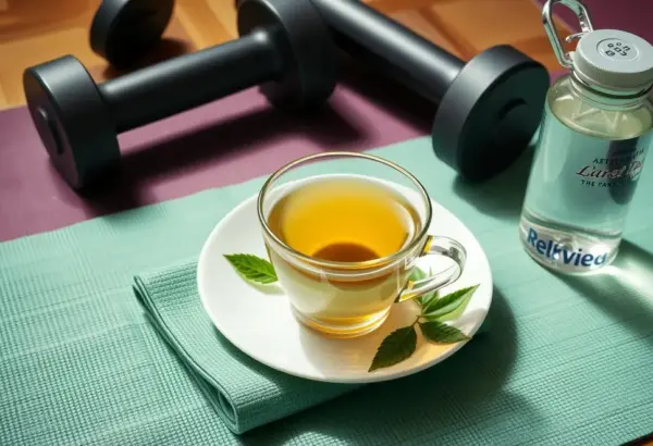 Cup of green tea on a yoga mat with dumbbells and a water bottle, symbolizing benefits for exercise.