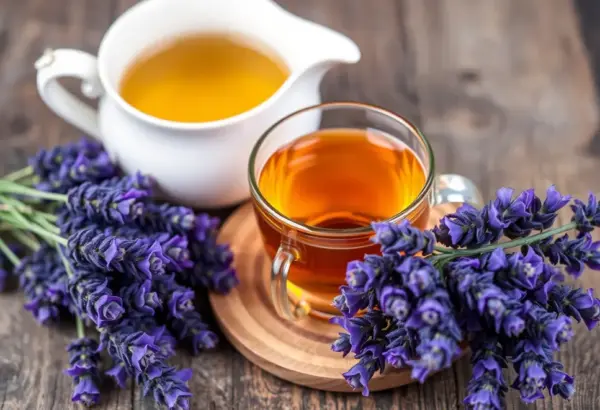 Lavender flowers with tea, showcasing its calming properties.