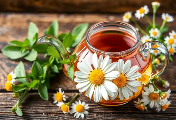 Teapot with lemon balm and chamomile flowers highlighting tranquility.