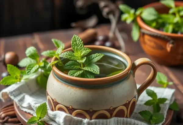 Fresh peppermint leaves being brewed in a teapot with steam rising.