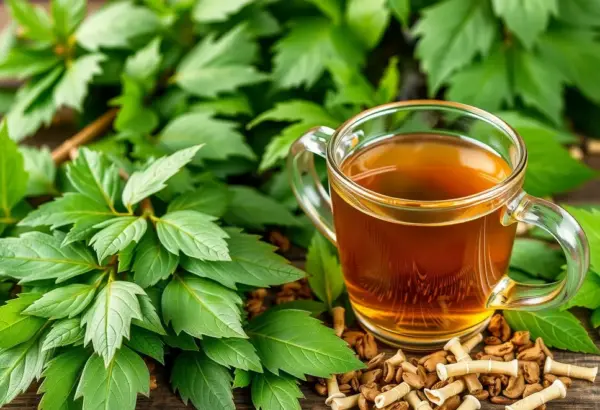 Moringa leaves with a cup of moringa-infused tea.