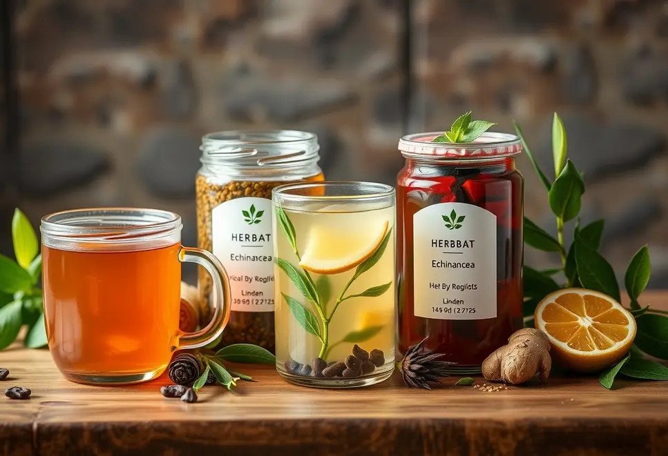 Assorted herbal teas with ingredients like echinacea, ginger, and linden.