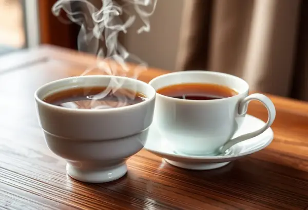 A porcelain cup on a table with visible steam, illustrating its heat retention properties.