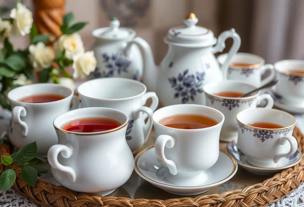 A luxurious tea setup with porcelain cups, highlighting their role in elevating tea experiences.