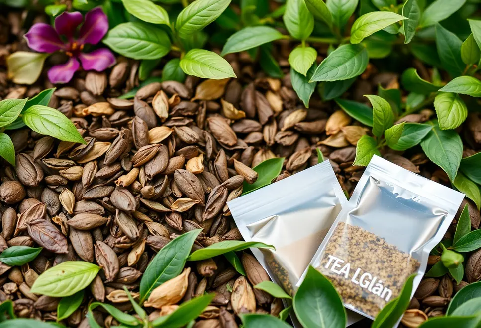 A garden setting highlighting the visual and natural appeal of loose leaves and tea bags.