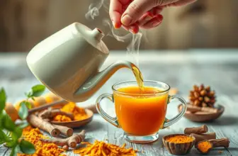 A hand pouring turmeric tea into a cup with ingredients like turmeric, pepper, and lemon in the background.