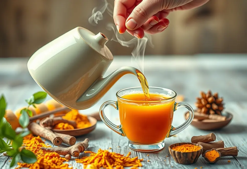 A hand pouring turmeric tea into a cup with ingredients like turmeric, pepper, and lemon in the background.