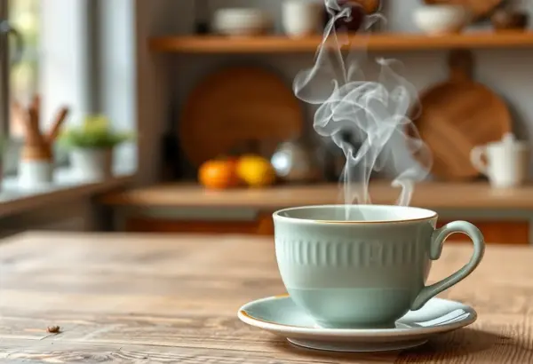 A ceramic tea cup on a table with steam, demonstrating its heat retention capability.