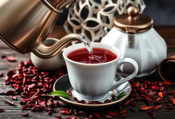 Kettle pouring hot water into a tea cup, with steam and tea leaves visible.