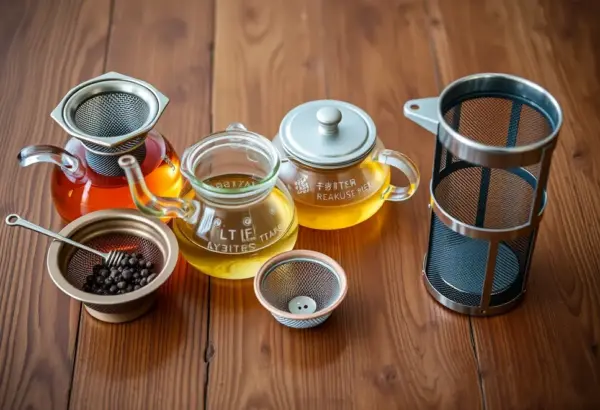 Different types of tea infusers displayed on a wooden table.