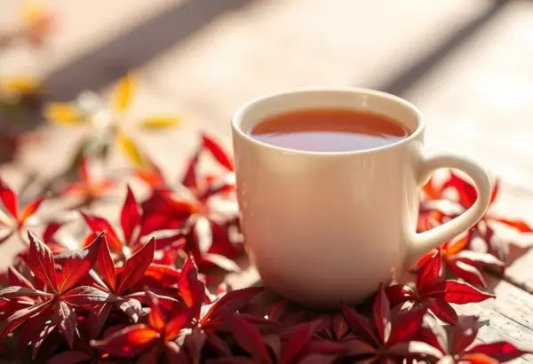 A vibrant cup of rooibos tea surrounded by rooibos leaves in sunlight.