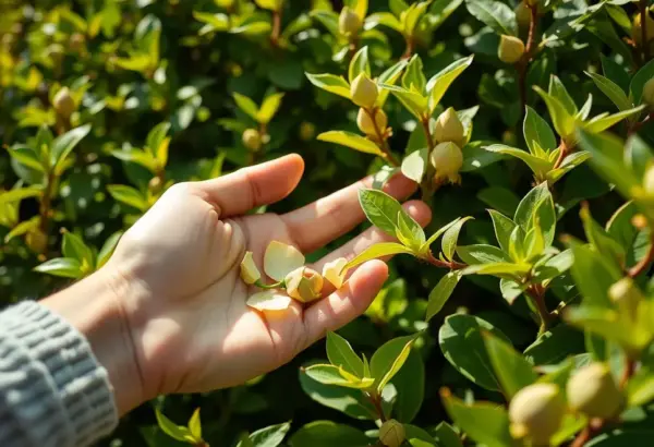 Ręka zbierająca młode pąki herbaciane z krzewu na plantacji.