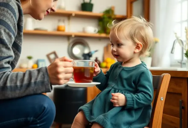 A caregiver offering a cup of tea to a child, demonstrating safe tea practices.