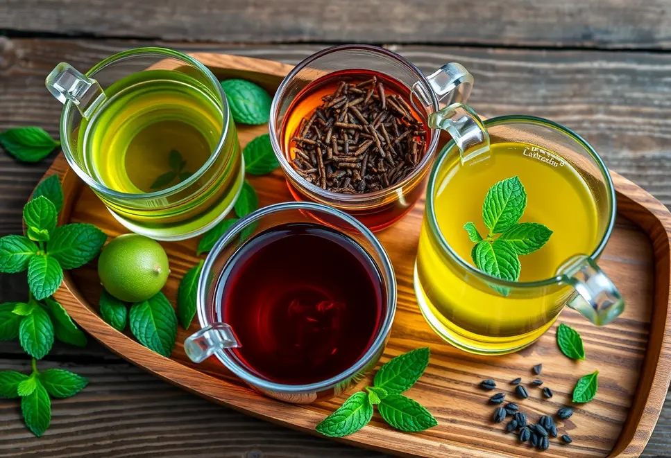 An inviting display of various teas like green, ginseng, and mint on a tray.