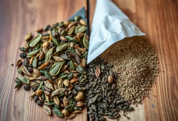 Close-up view of loose tea leaves and finely ground tea, representing different processing methods.
