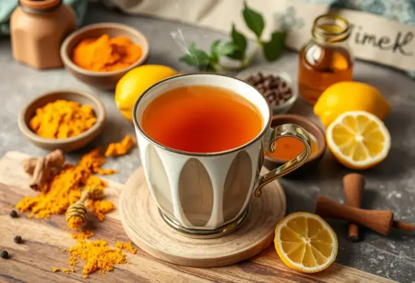 Cup of turmeric tea with ingredients like turmeric, black pepper, honey, and lemon on a kitchen counter.