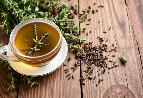 Fresh thyme leaves steeping in a teacup with scattered dried thyme on a wooden table.
