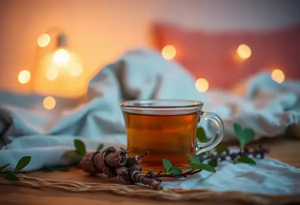 Tea cup with valerian root, depicting its use for calm sleep.