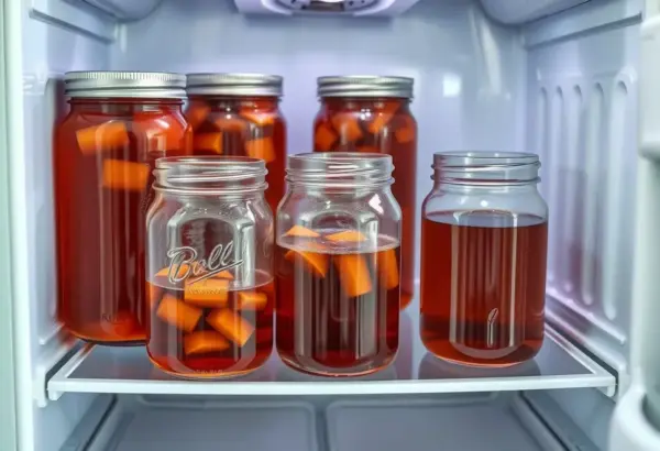 Cold brew tea jars in a fridge, showcasing optimal storage for flavor preservation.