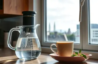 Steaming tea mug next to a water filter jug, against a cityscape background, symbolizing quality and relaxation.