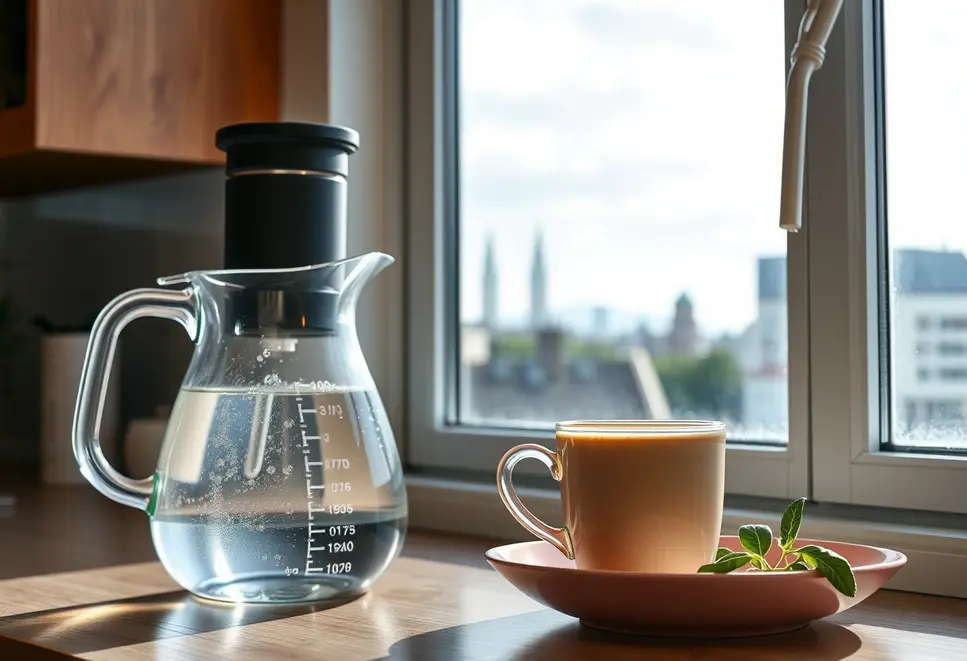 Steaming tea mug next to a water filter jug, against a cityscape background, symbolizing quality and relaxation.
